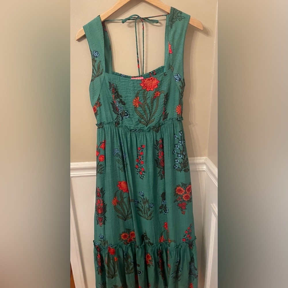 THML Green Floral Midi Dress with Smocking & Ruffle Medium - Picture 3 of 12
